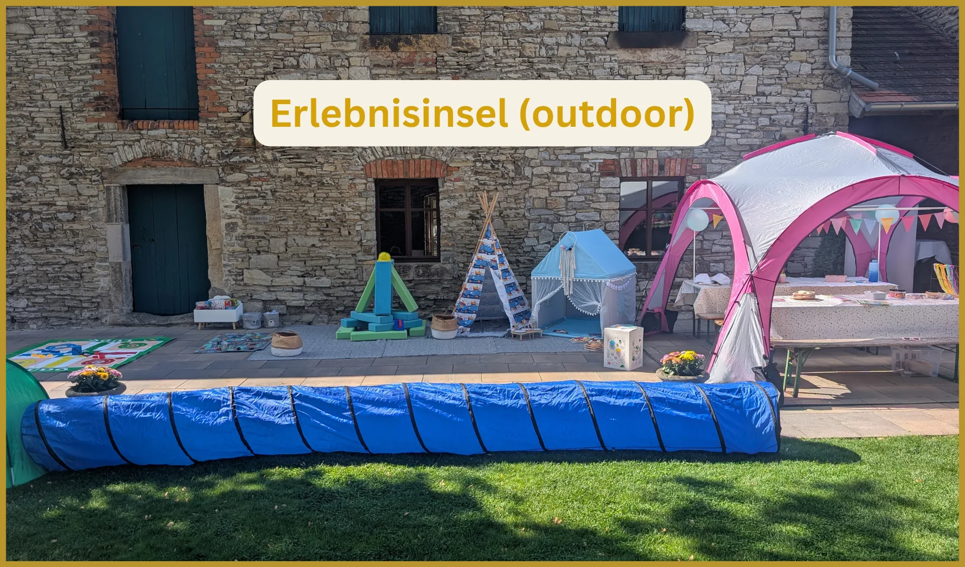 Set-Up einer Kinderanimation zur Hochzeit mit Erlebnisinsel