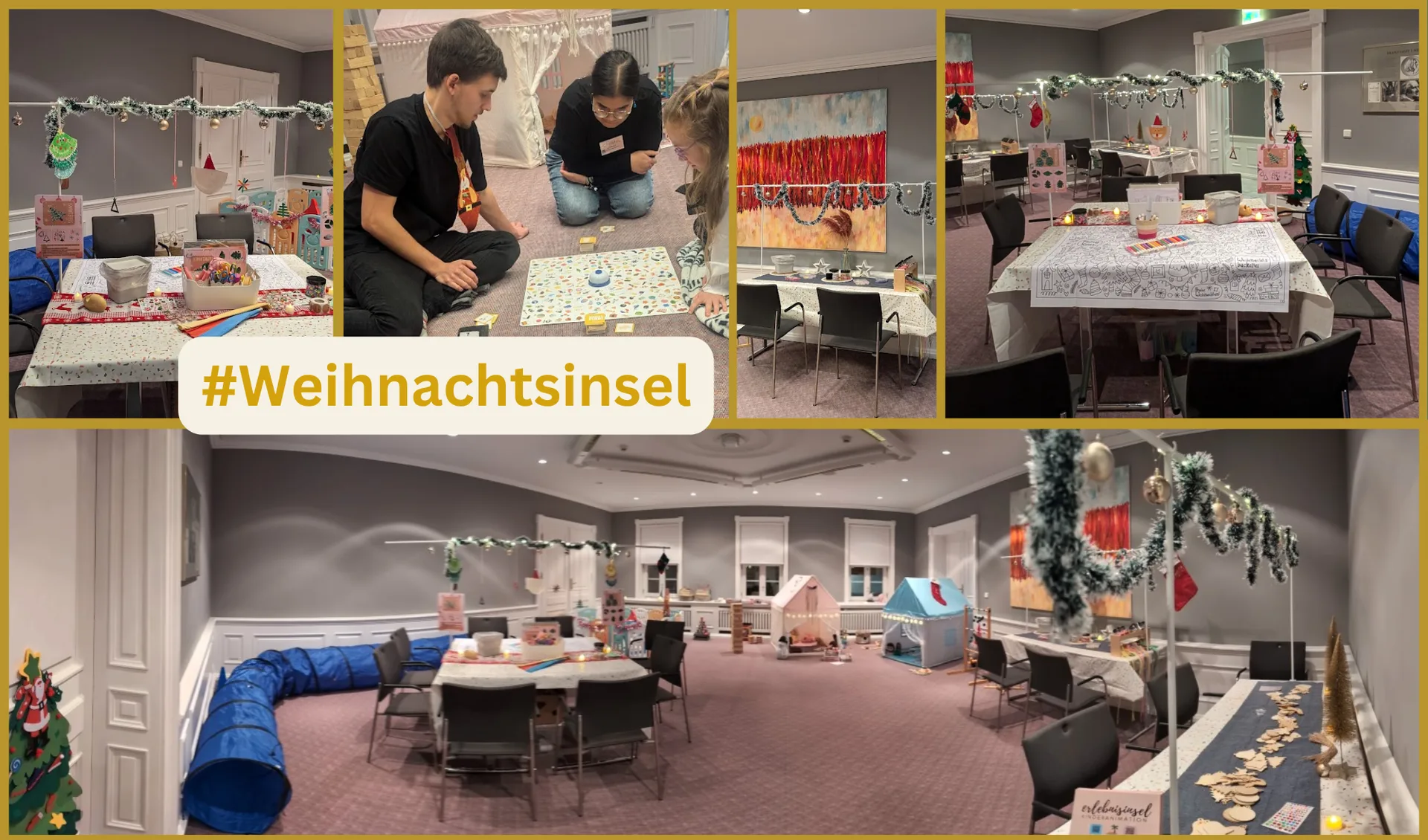 verschiedene Einblicke einer Kinderanimation zur Weihnachtsfeier mit Erlebnisinsel